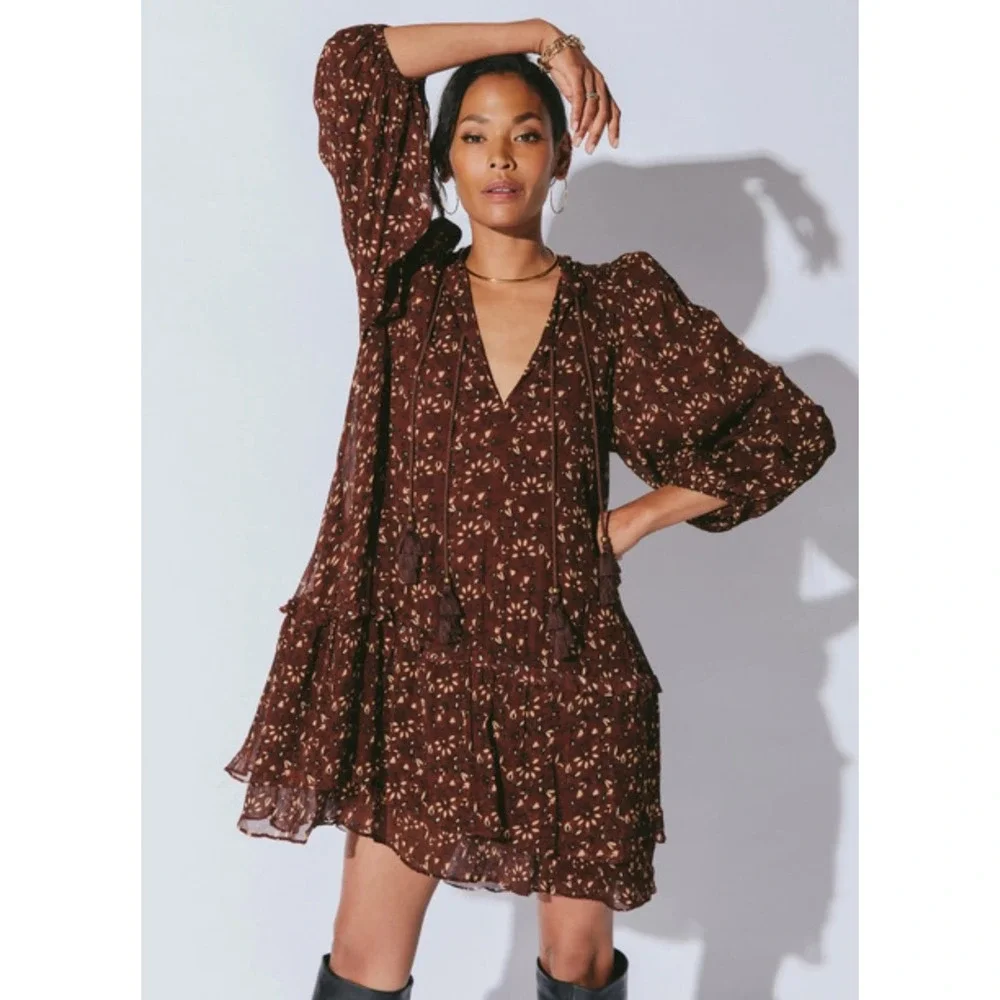 NWT Cleobella Jaslynn Mini Dress in Zadia Block Brown (MSRP: $248) Size Medium